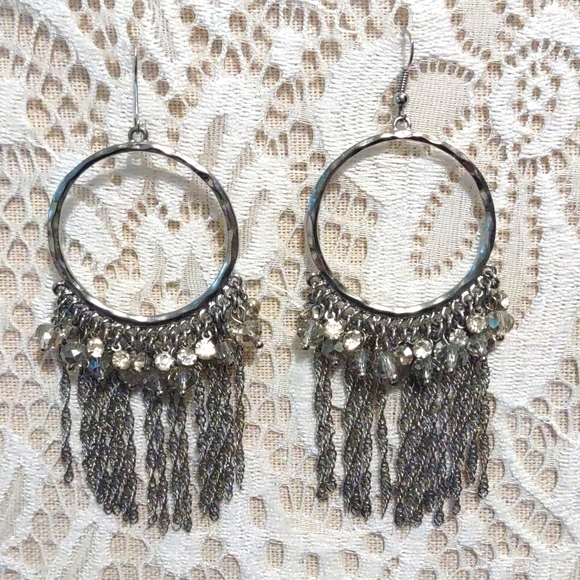Anthropologie silver hoop Fringe and rhinestone earrings - Picture 1 of 4